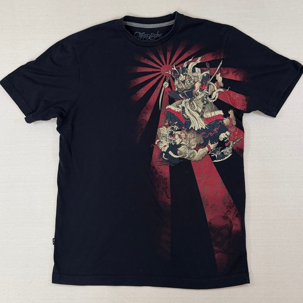 Vintage Marc Ecko Mens Black Samurai Graphic T-Shirt Rising Sun Size Medium y2k